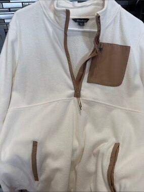 Eddie Bauer Cream Quarter-Zip Fleece with Brown Trim